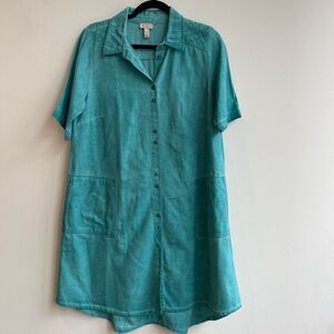 Logo by Lori Goldstein Women's Shirt Dress Button Up Teal Blue Size Small Petite